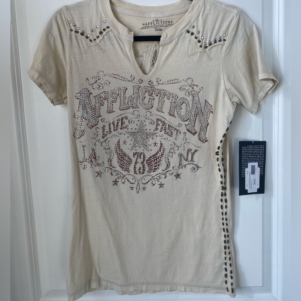 Cream Rhinestone Affliction Live Fast Tee Shirt Women’s